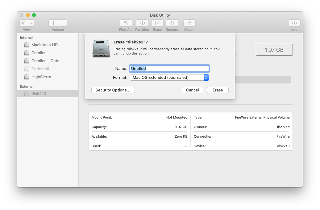 Disk Utility erase dialog set to Mac OS Extended (Journaled)