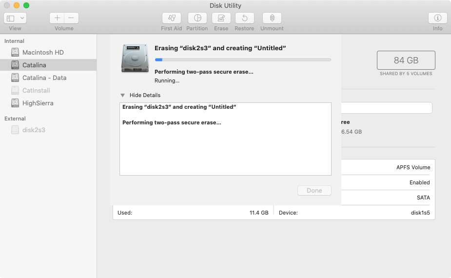 Disk Utility performing a two-pass secure erase