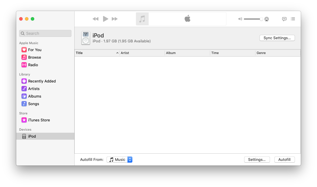Music app showing the iPod under Devices with Autofill controls