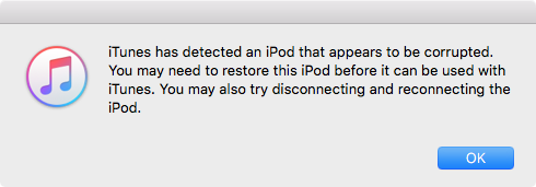 iTunes dialog: iTunes has detected an iPod that appears to be corrupted