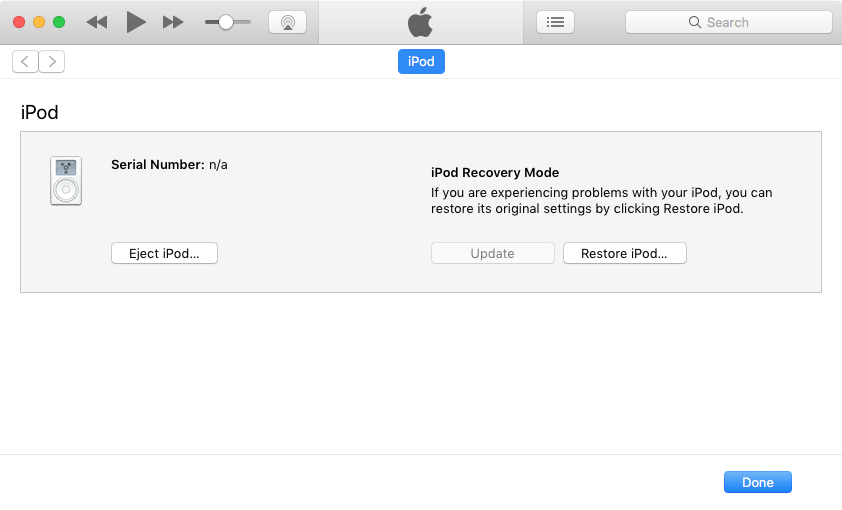 iTunes device page showing iPod Recovery Mode with a Restore iPod button